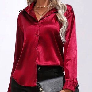 ✨NEW✨ Satin Long Sleeve Lapel Button Down Blouse - Burgundy - L